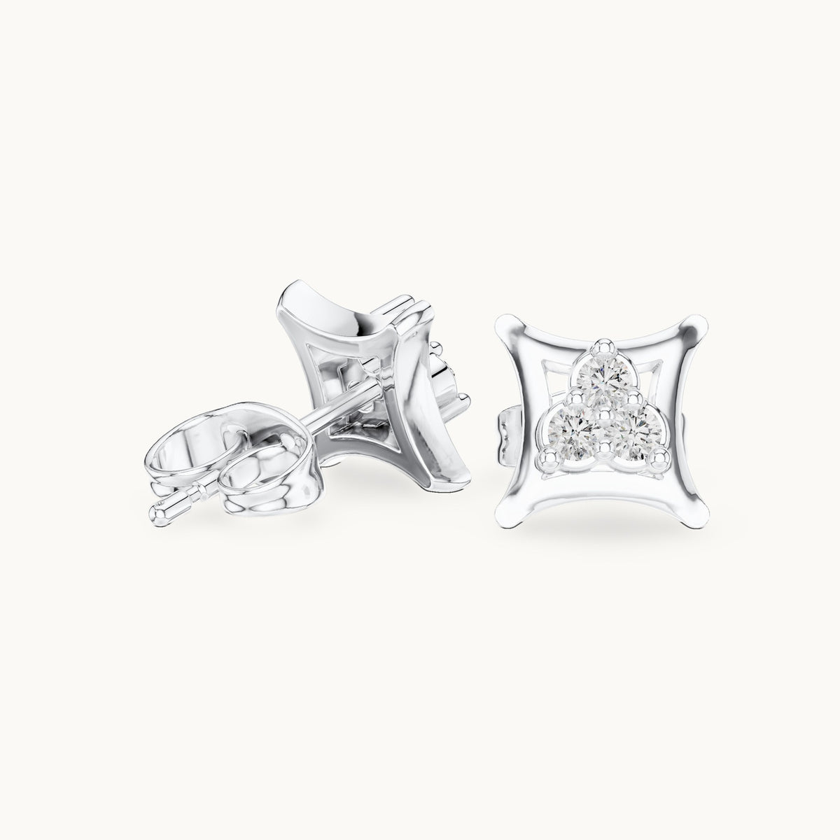 Round lab-grown diamond three-stone square frame stud earrings in white gold, 0.12 CT TW, view 1