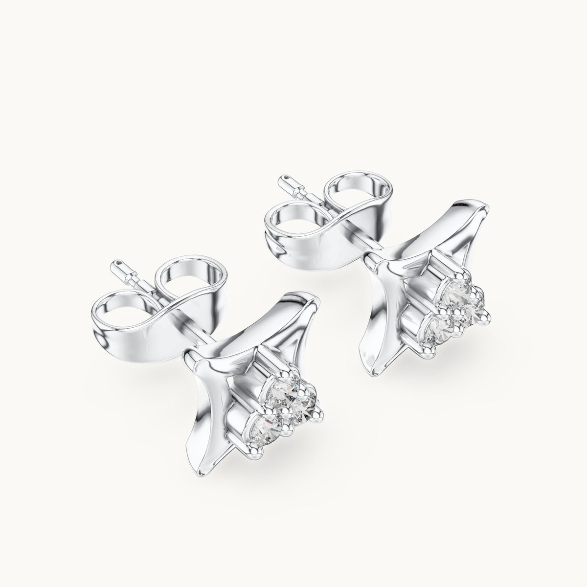 Round lab-grown diamond three-stone square frame stud earrings in white gold, 0.12 CT TW, view 2