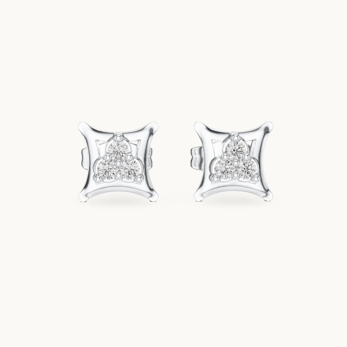 Round lab-grown diamond three-stone square frame stud earrings in white gold, 0.12 CT TW, view 4