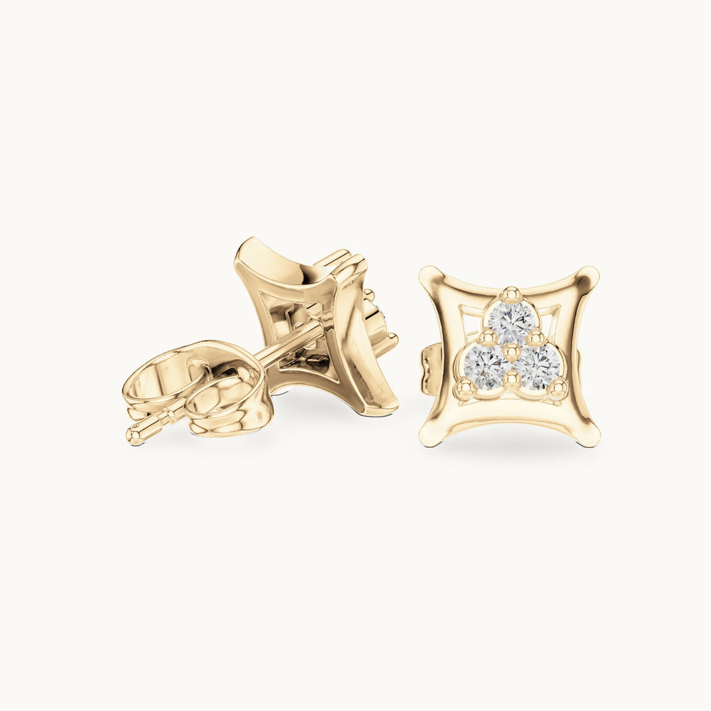 Round lab-grown diamond three-stone square frame stud earrings in yellow gold, 0.12 CT TW, view 1