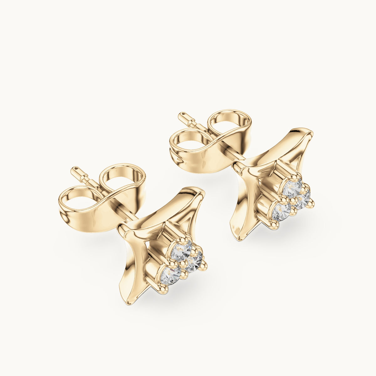 Round lab-grown diamond three-stone square frame stud earrings in yellow gold, 0.12 CT TW, view 2