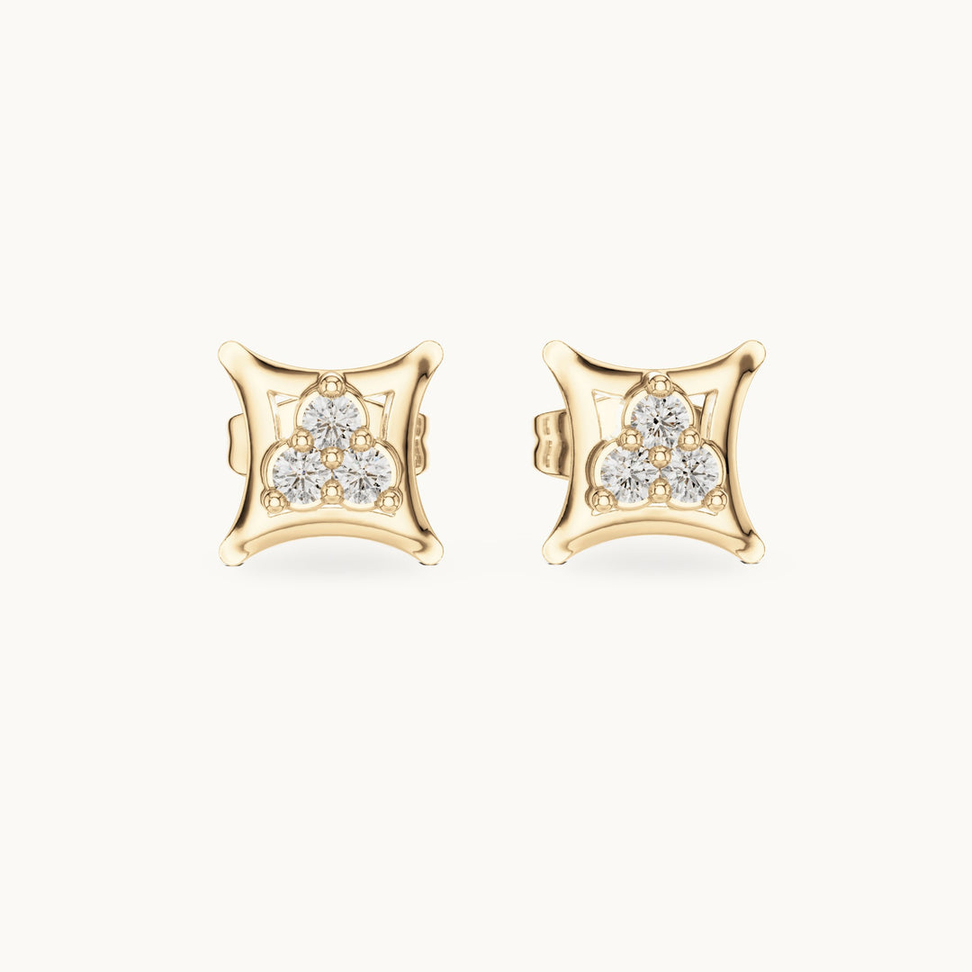 Round lab-grown diamond three-stone square frame stud earrings in yellow gold, 0.12 CT TW, view 4