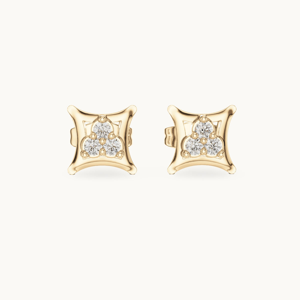 Round lab-grown diamond three-stone square frame stud earrings in yellow gold, 0.12 CT TW, view 4