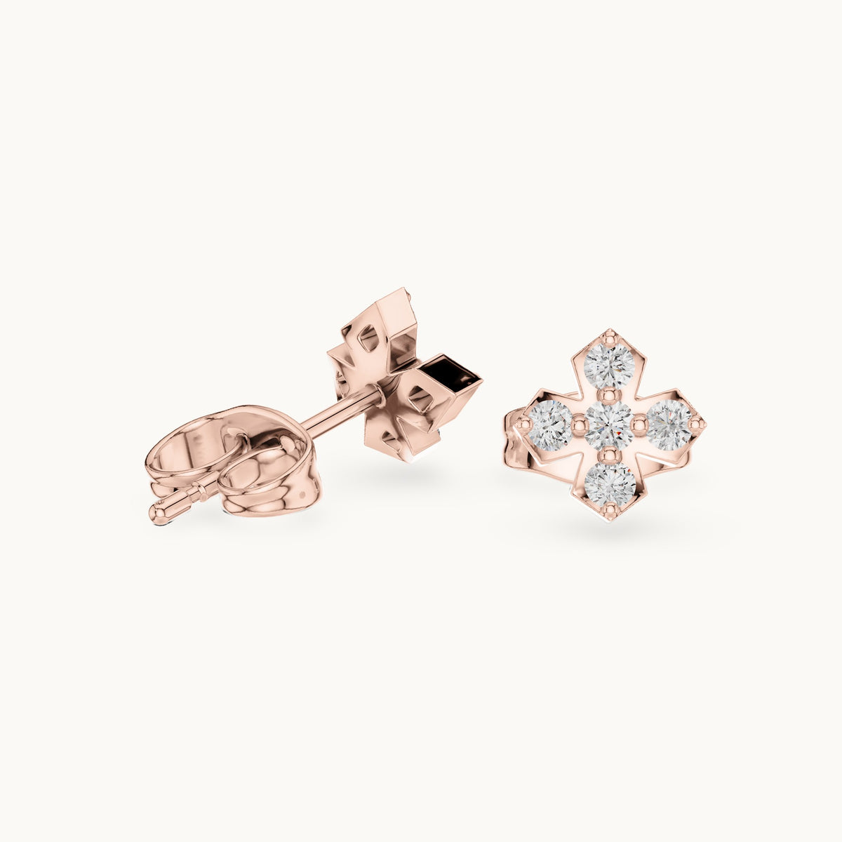 Round lab-grown diamond five-stone cross stud earrings in rose gold, 0.18 CT TW, view 1