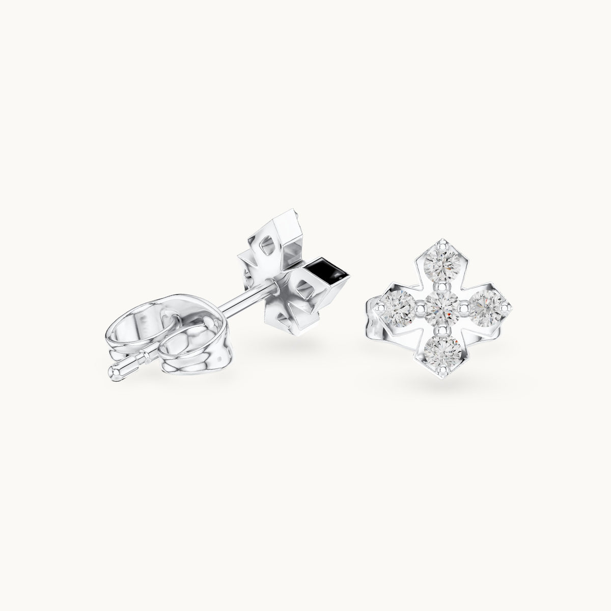 Round lab-grown diamond five-stone cross stud earrings in white gold, 0.18 CT TW, view 1