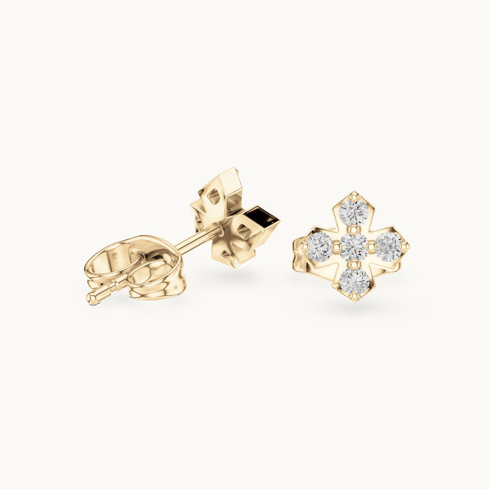 Round lab-grown diamond five-stone cross stud earrings in yellow gold, 0.18 CT TW, view 1