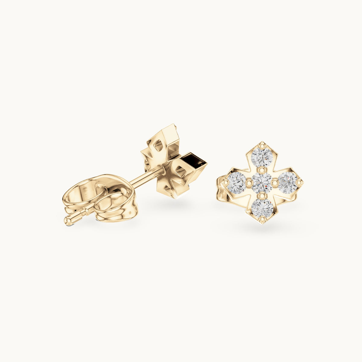 Round lab-grown diamond five-stone cross stud earrings in yellow gold, 0.18 CT TW, view 1