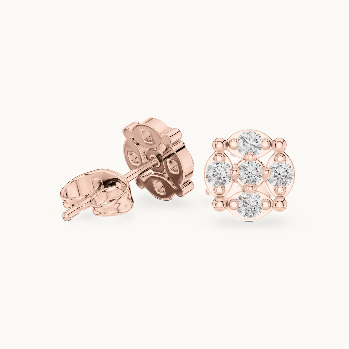 Round lab-grown diamond beaded frame cluster stud earrings in rose gold, 0.34 CT TW, view 1