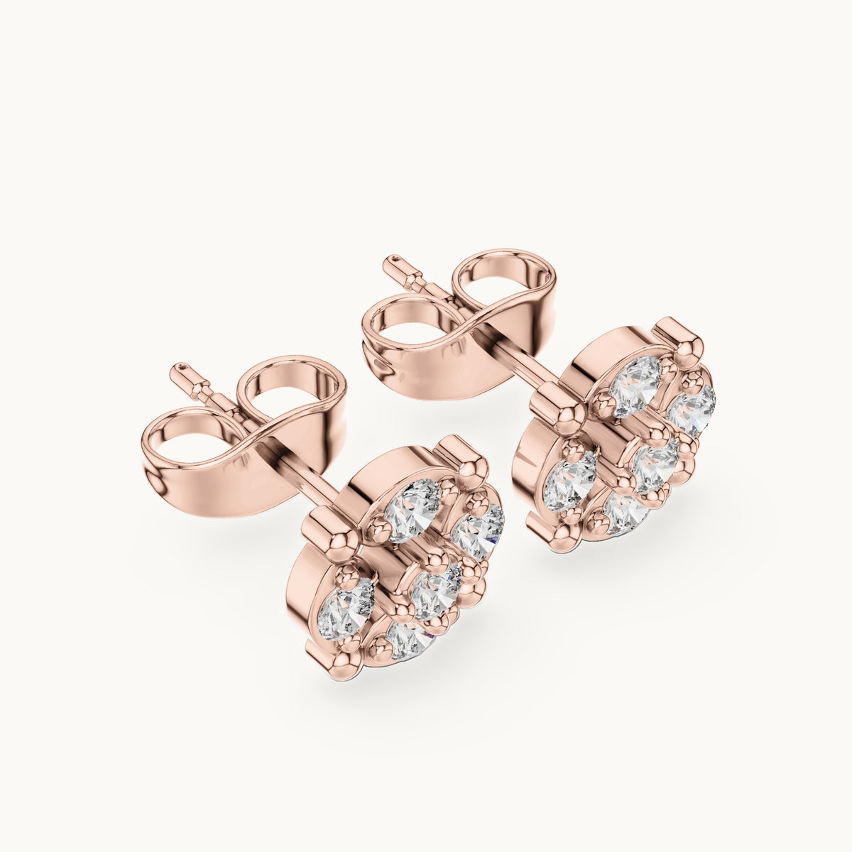 Round lab-grown diamond beaded frame cluster stud earrings in rose gold, 0.34 CT TW, view 2