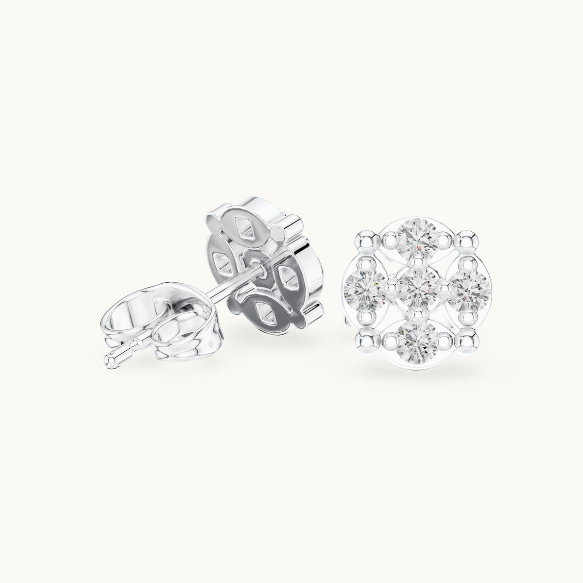 Round lab-grown diamond beaded frame cluster stud earrings in white gold, 0.34 CT TW, view 1