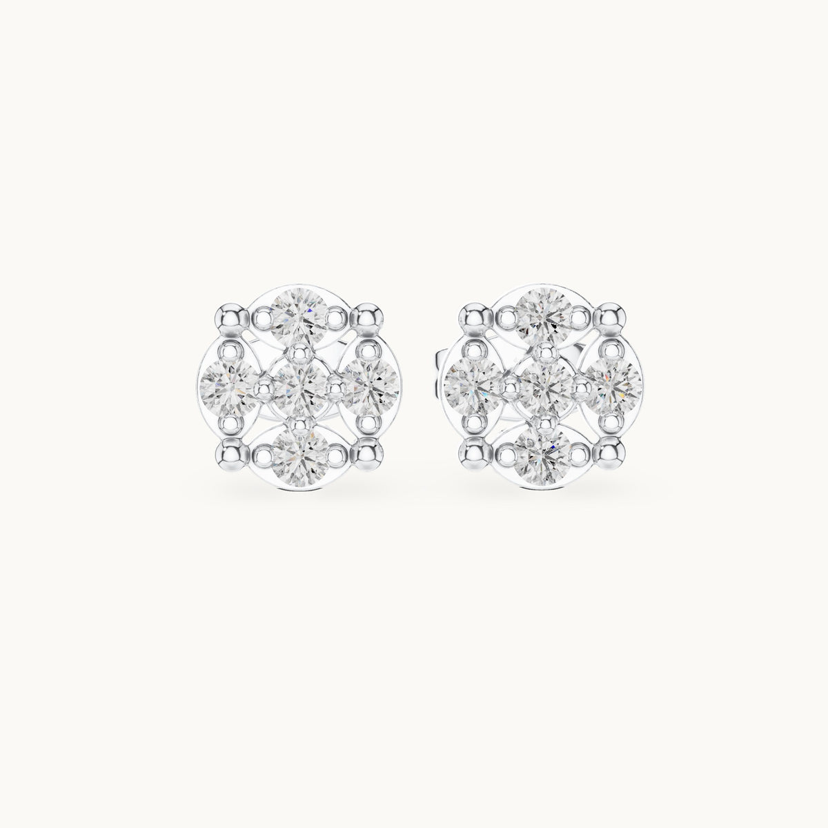 Round lab-grown diamond beaded frame cluster stud earrings in white gold, 0.34 CT TW, view 4
