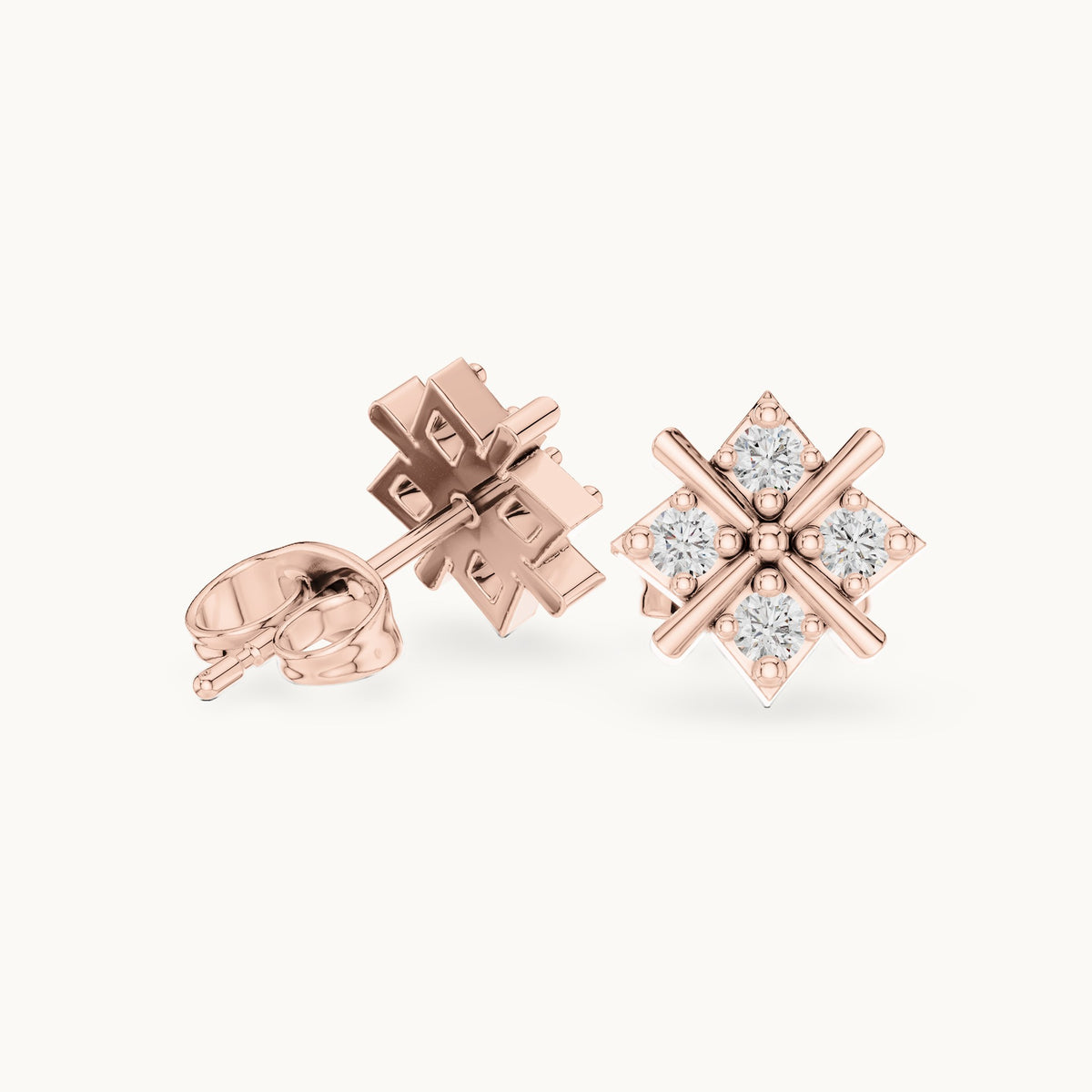 Round lab-grown diamond crossed bar star stud earrings in rose gold, 0.28 CT TW, view 1