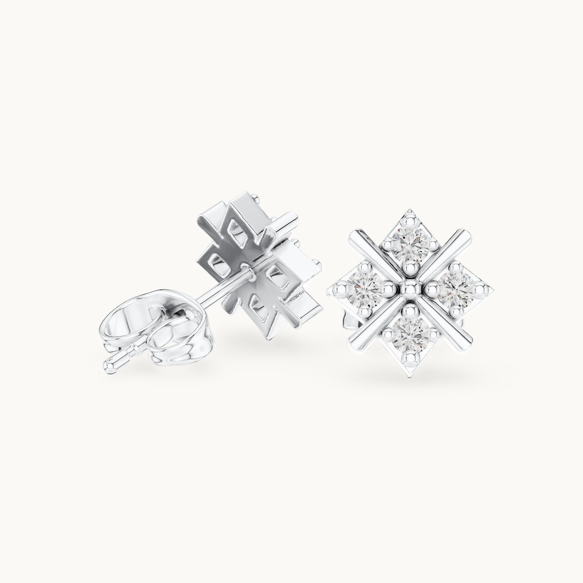 Round lab-grown diamond crossed bar star stud earrings in white gold, 0.28 CT TW, view 1