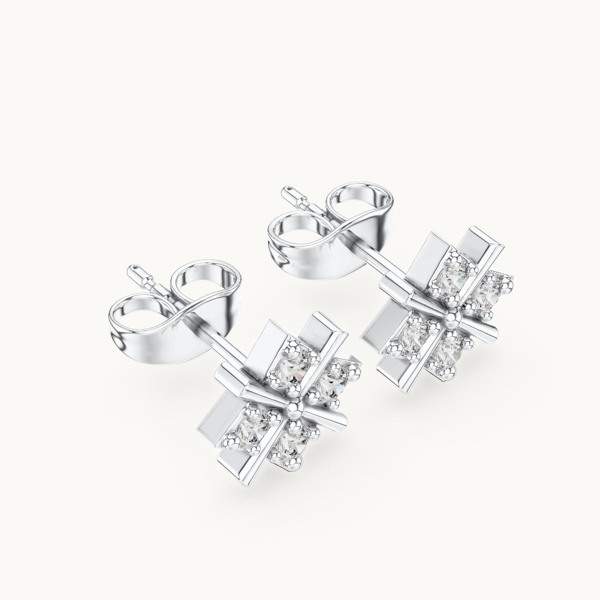 Round lab-grown diamond crossed bar star stud earrings in white gold, 0.28 CT TW, view 2