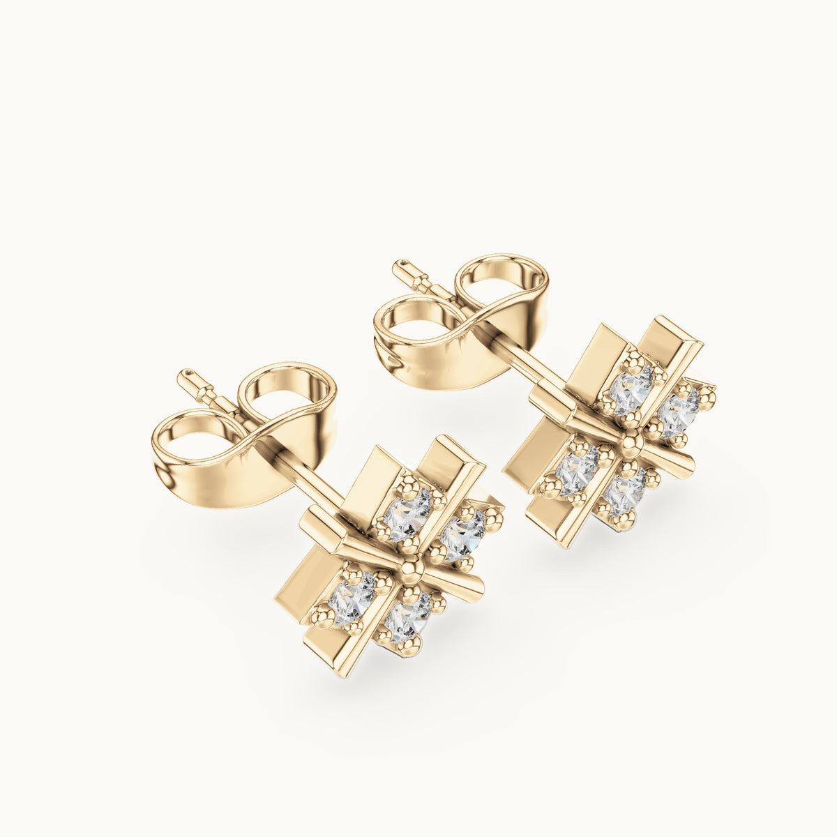 Round lab-grown diamond crossed bar star stud earrings in yellow gold, 0.28 CT TW, view 2