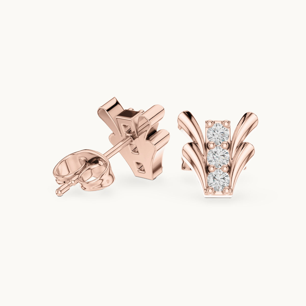 Round lab-grown diamond three-stone fan stud earrings in rose gold, 0.24 CT TW, view 1