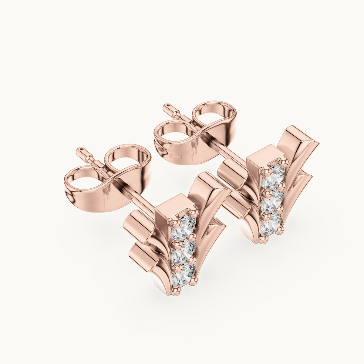 Round lab-grown diamond three-stone fan stud earrings in rose gold, 0.24 CT TW, view 2