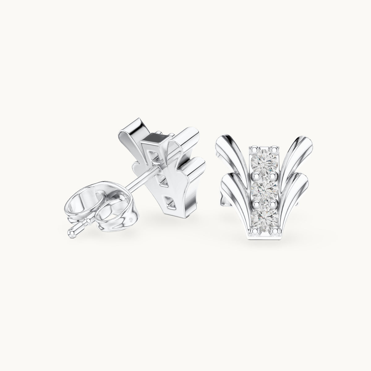 Round lab-grown diamond three-stone fan stud earrings in white gold, 0.24 CT TW, view 1