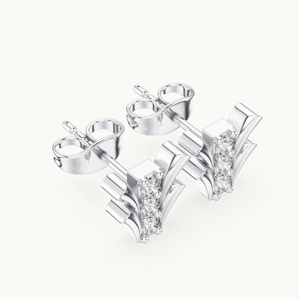 Round lab-grown diamond three-stone fan stud earrings in white gold, 0.24 CT TW, view 2