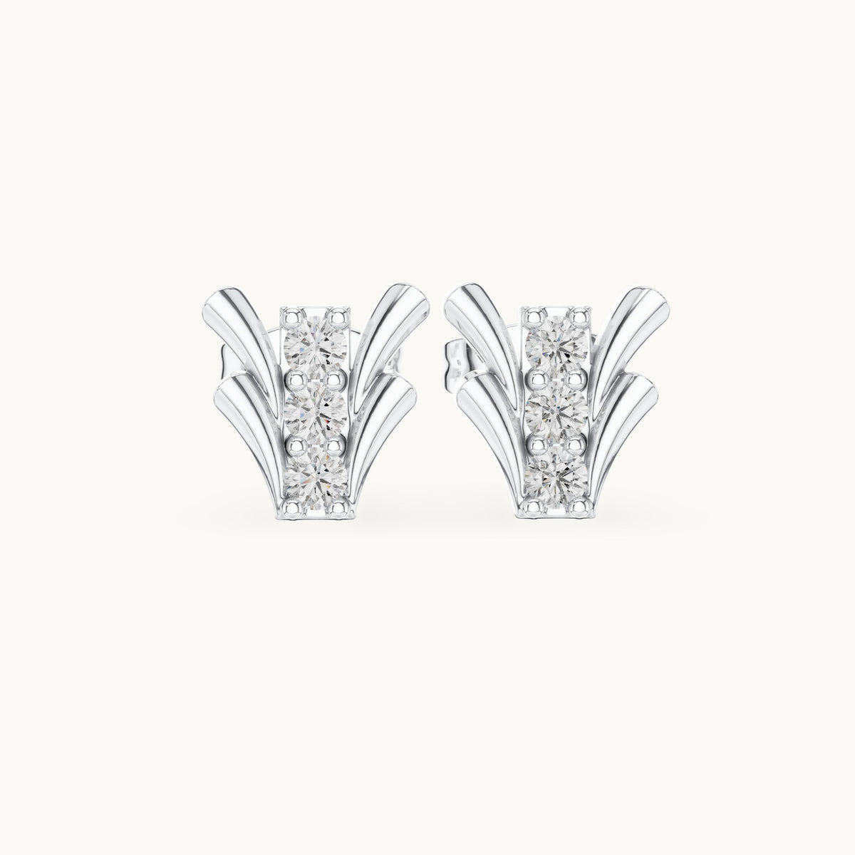 Round lab-grown diamond three-stone fan stud earrings in white gold, 0.24 CT TW, view 4