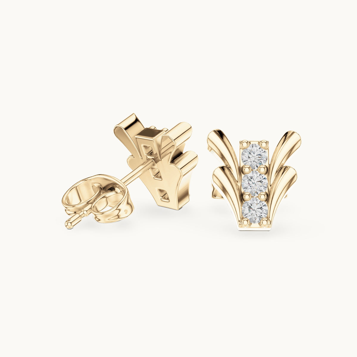 Round lab-grown diamond three-stone fan stud earrings in yellow gold, 0.24 CT TW, view 1