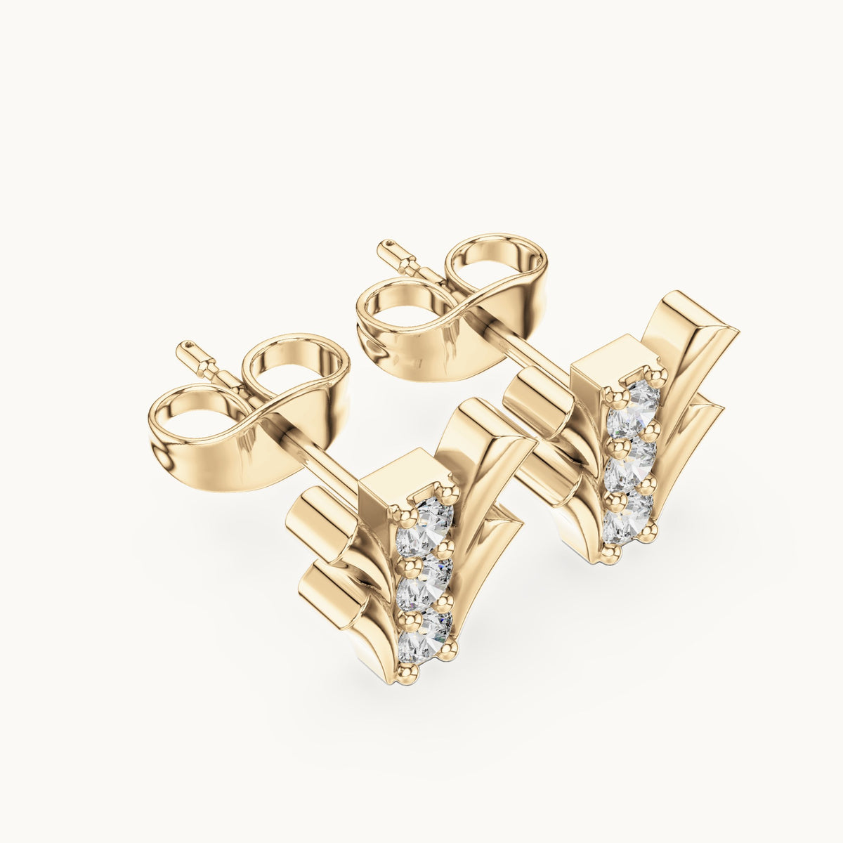 Round lab-grown diamond three-stone fan stud earrings in yellow gold, 0.24 CT TW, view 2