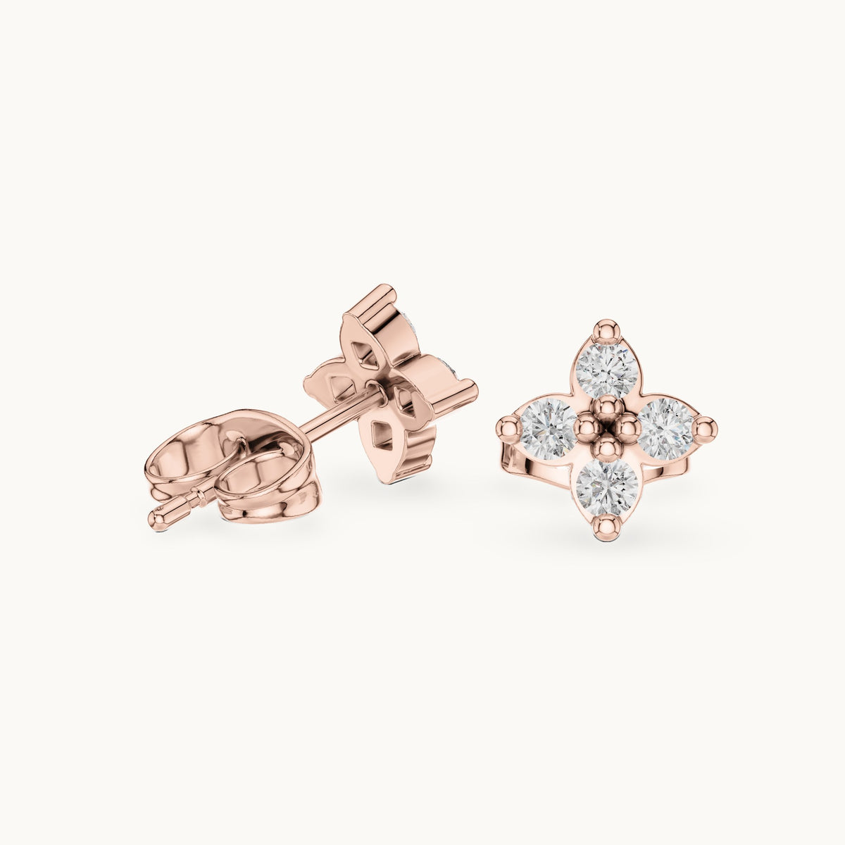 Round lab-grown diamond four-stone clover stud earrings in rose gold, 0.24 CT TW, view 1