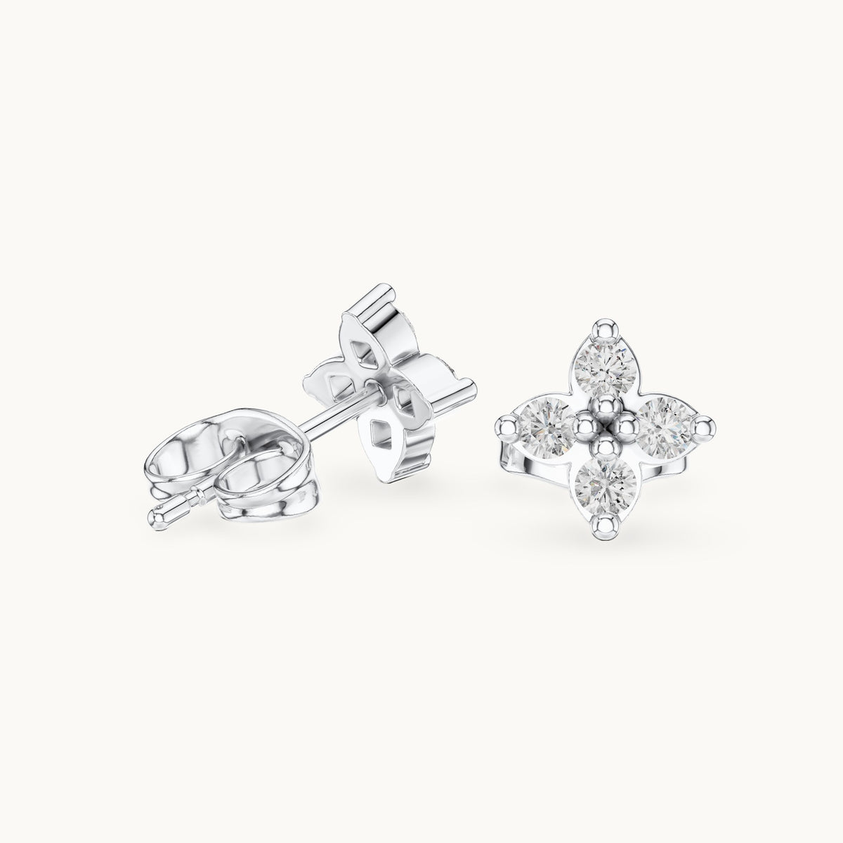 Round lab-grown diamond four-stone clover stud earrings in white gold, 0.24 CT TW, view 1