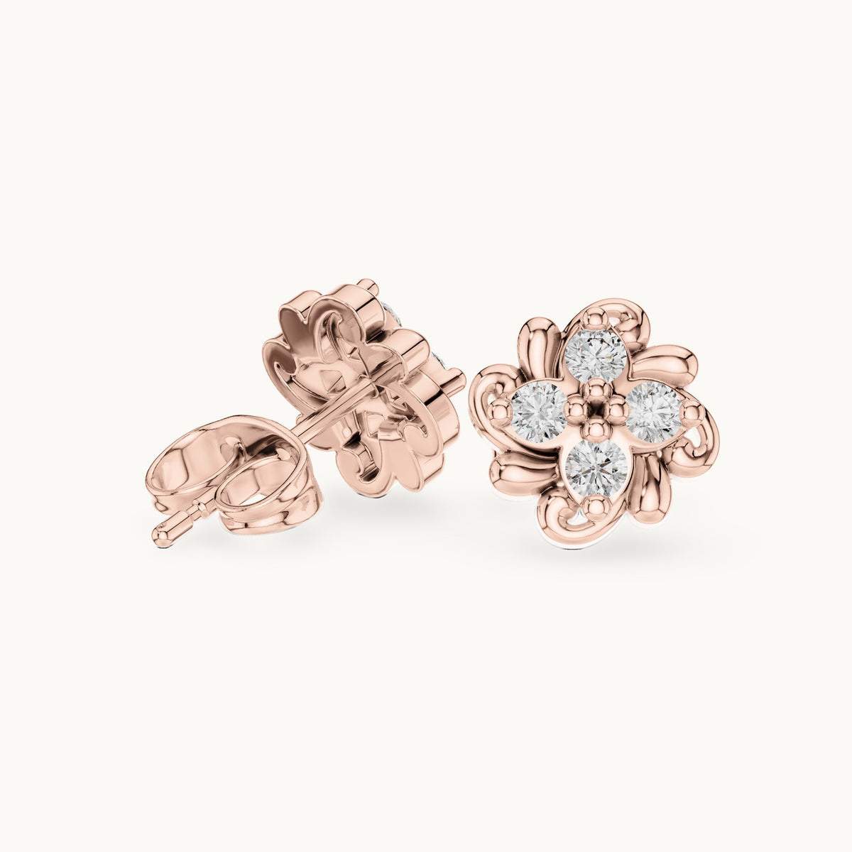 Round lab-grown diamond clover stud earrings in rose gold, 0.24 CT TW, view 1