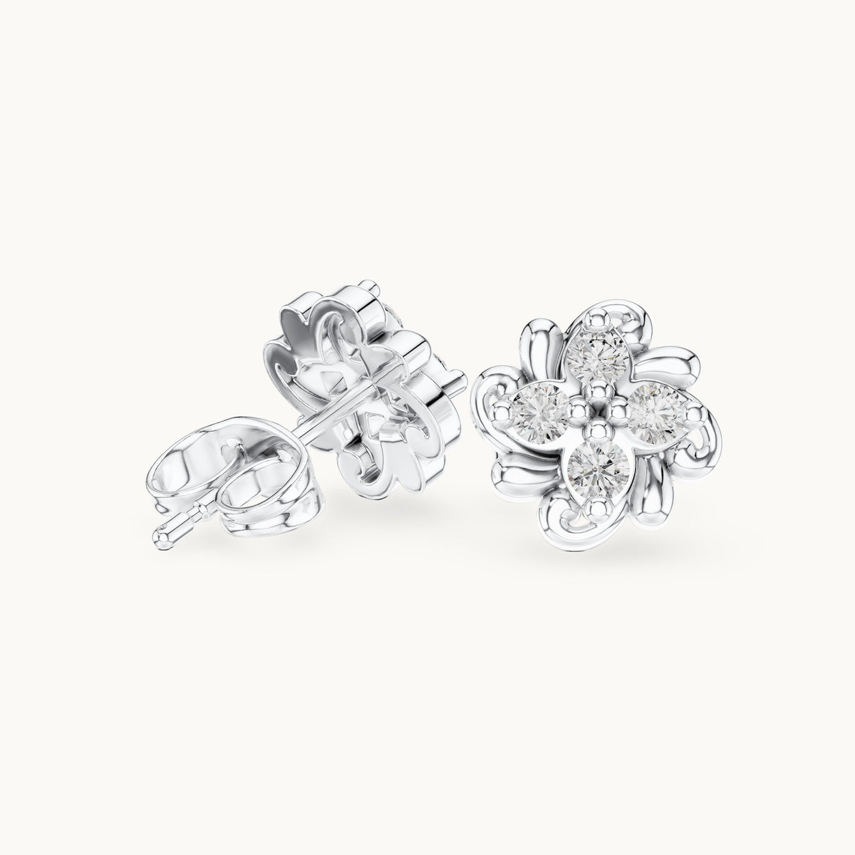 Round lab-grown diamond clover stud earrings in white gold, 0.24 CT TW, view 1