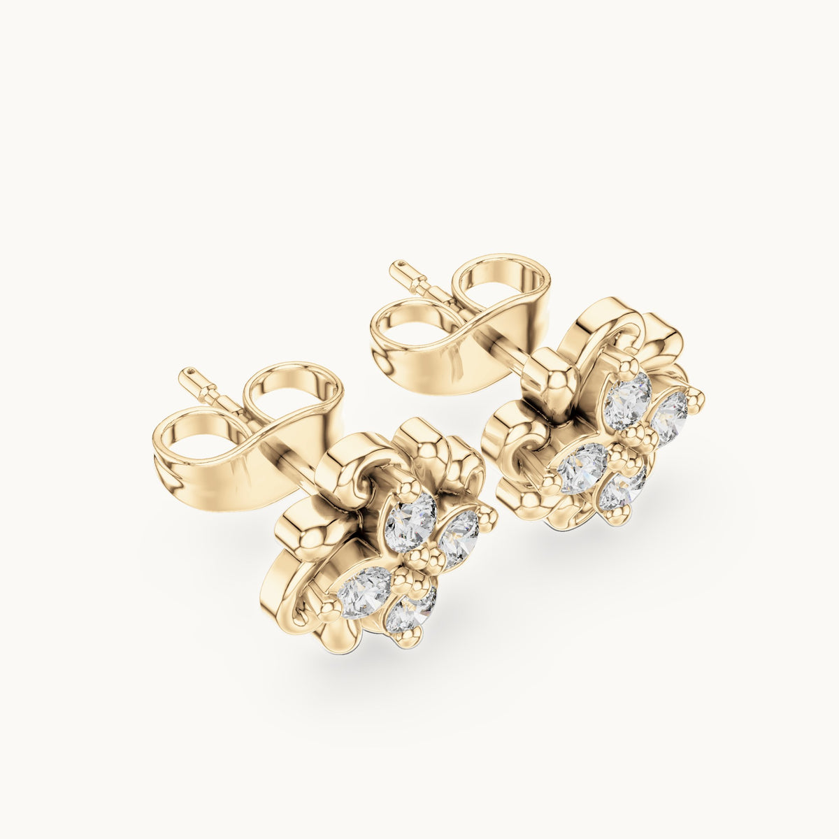 Round lab-grown diamond clover stud earrings in yellow gold, 0.24 CT TW, view 2