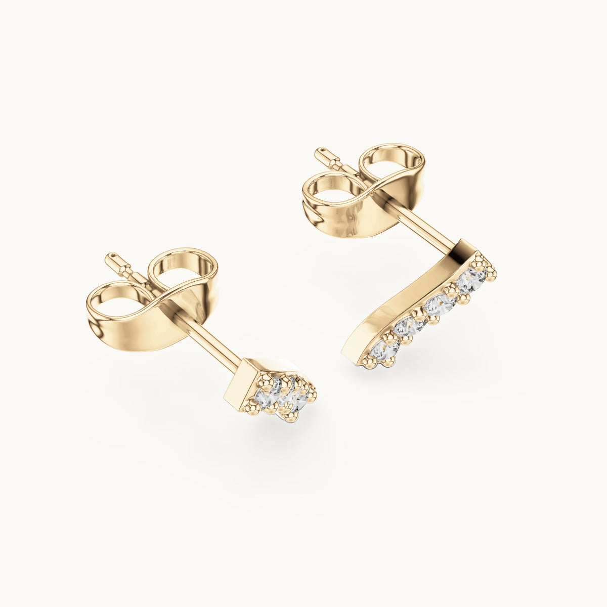 Round lab-grown diamond curved bar stud earrings in yellow gold, 0.20 CT TW, view 2