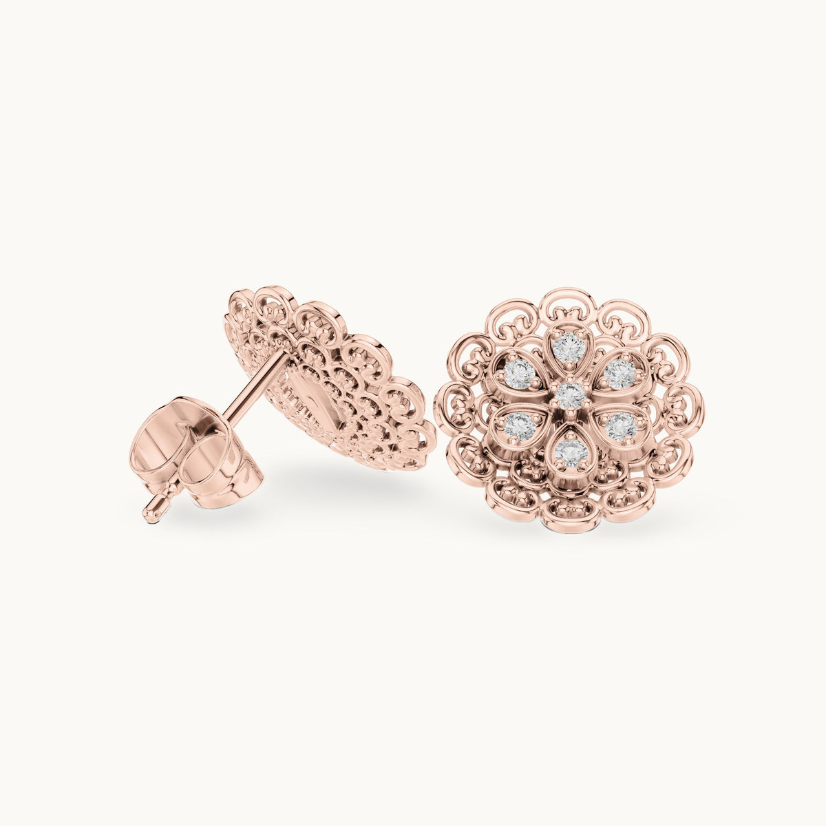 Round lab-grown diamond filigree flower stud earrings in rose gold, 0.12 CT TW, view 1