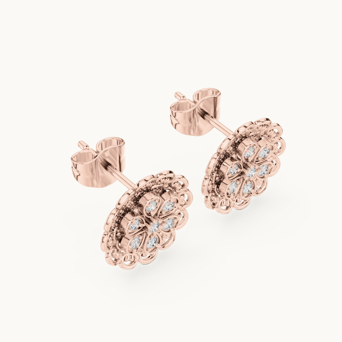 Round lab-grown diamond filigree flower stud earrings in rose gold, 0.12 CT TW, view 2