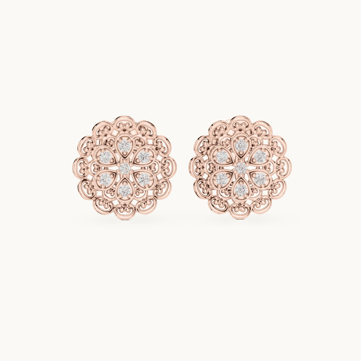 Round lab-grown diamond filigree flower stud earrings in rose gold, 0.12 CT TW, view 4
