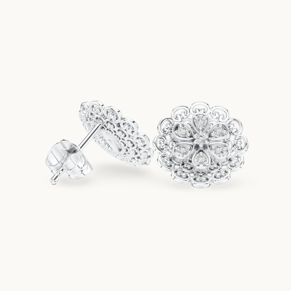 Round lab-grown diamond filigree flower stud earrings in white gold, 0.12 CT TW, view 1