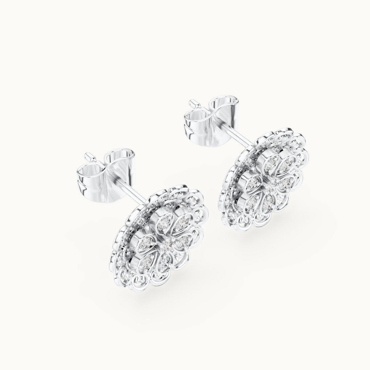 Round lab-grown diamond filigree flower stud earrings in white gold, 0.12 CT TW, view 2