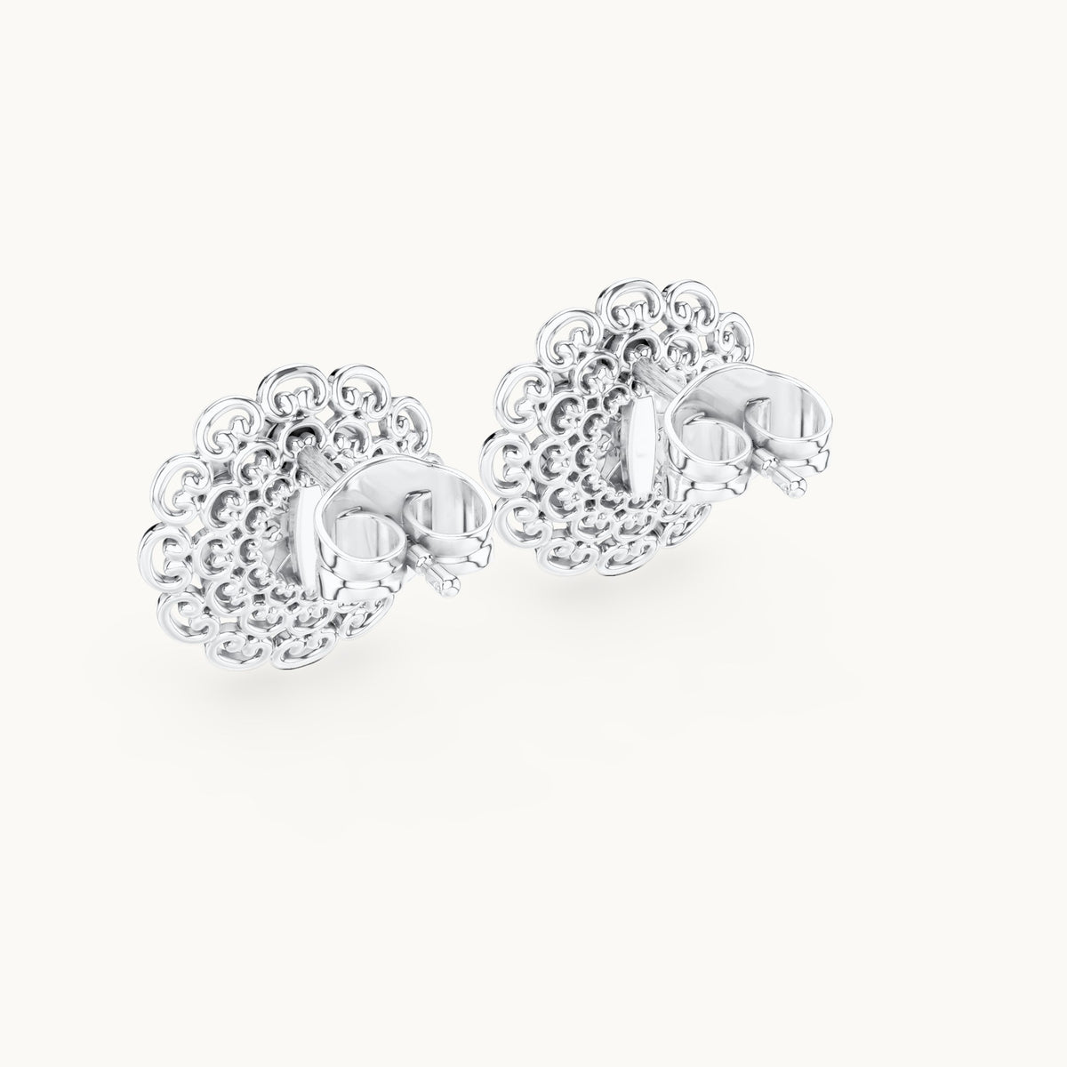 Round lab-grown diamond filigree flower stud earrings in white gold, 0.12 CT TW, view 3