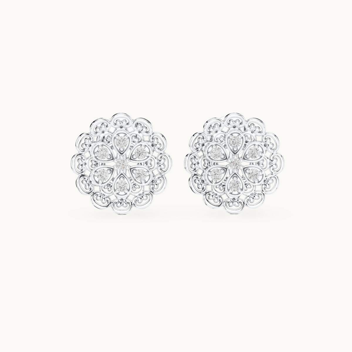 Round lab-grown diamond filigree flower stud earrings in white gold, 0.12 CT TW, view 4