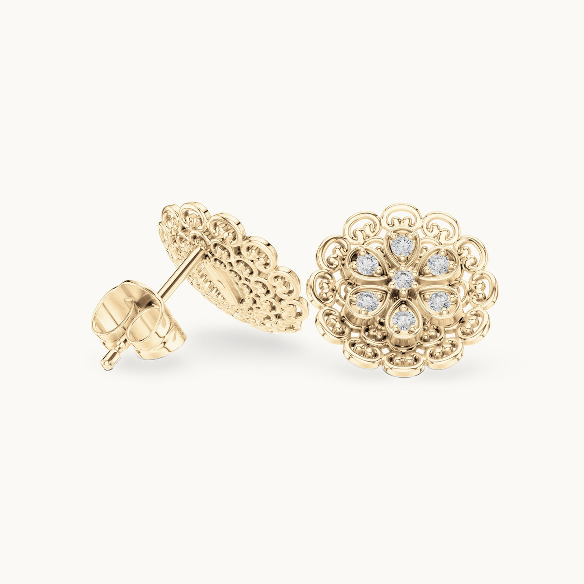 Round lab-grown diamond filigree flower stud earrings in yellow gold, 0.12 CT TW, view 1