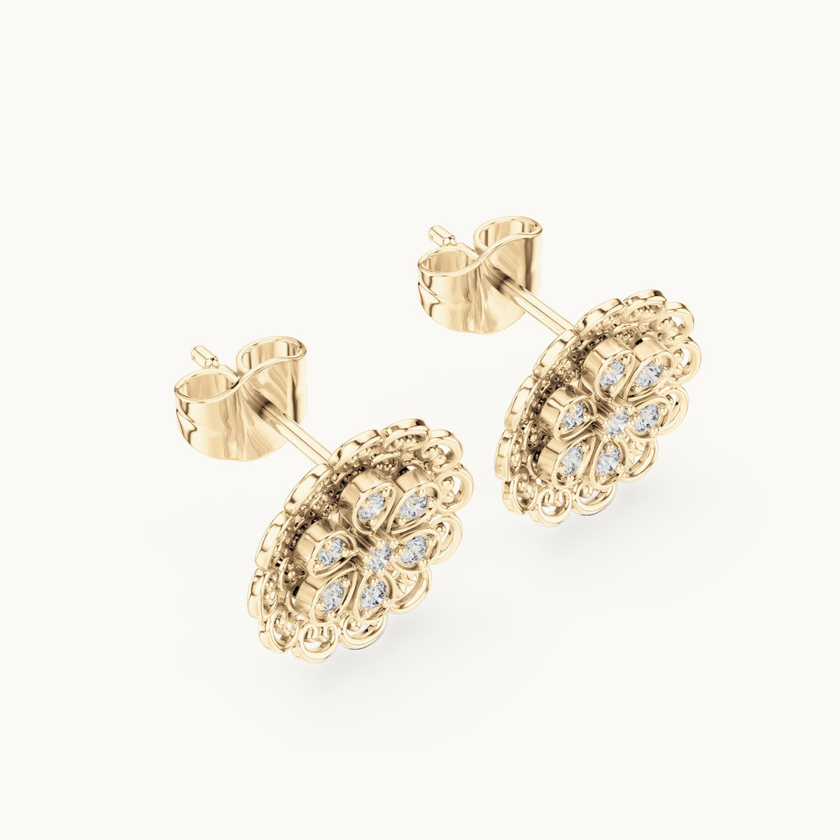 Round lab-grown diamond filigree flower stud earrings in yellow gold, 0.12 CT TW, view 2