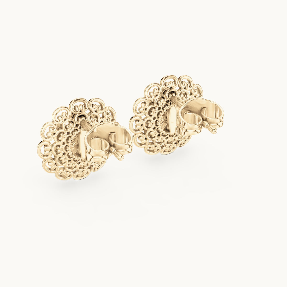 Round lab-grown diamond filigree flower stud earrings in yellow gold, 0.12 CT TW, view 3