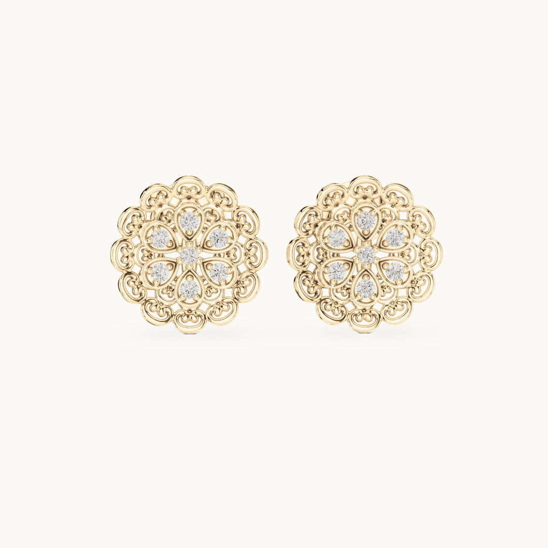 Round lab-grown diamond filigree flower stud earrings in yellow gold, 0.12 CT TW, view 4