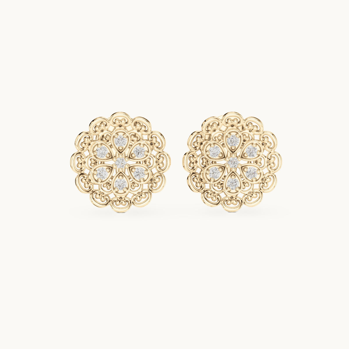 Round lab-grown diamond filigree flower stud earrings in yellow gold, 0.12 CT TW, view 4