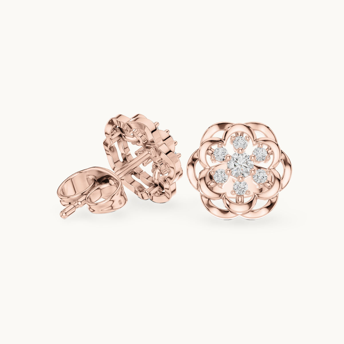 Round lab-grown diamond openwork flower stud earrings in rose gold, 0.17 CT TW, view 1