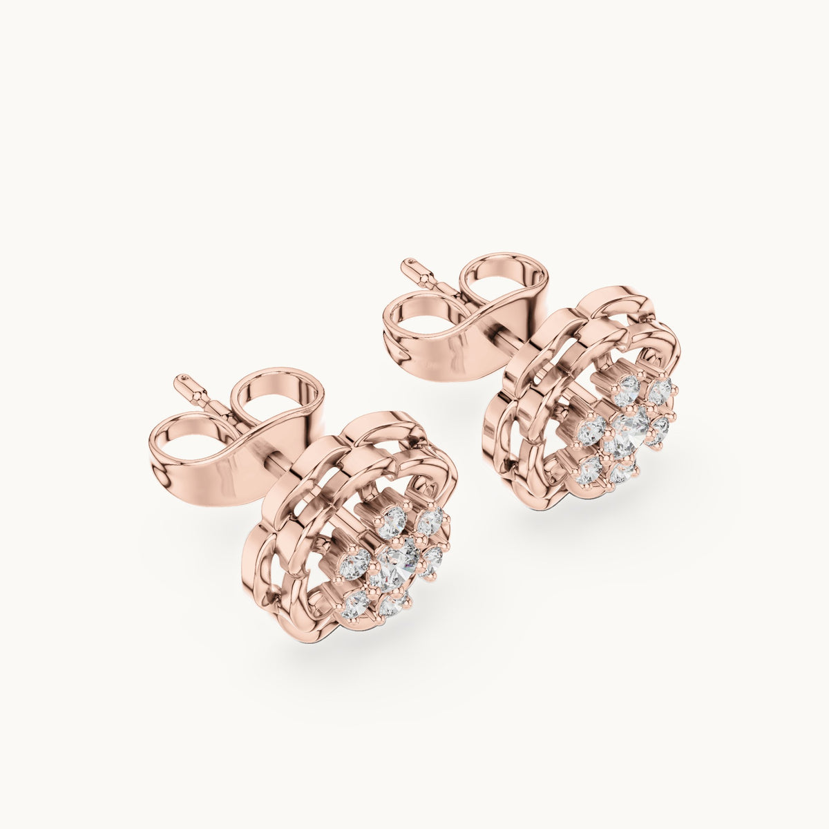Round lab-grown diamond openwork flower stud earrings in rose gold, 0.17 CT TW, view 2