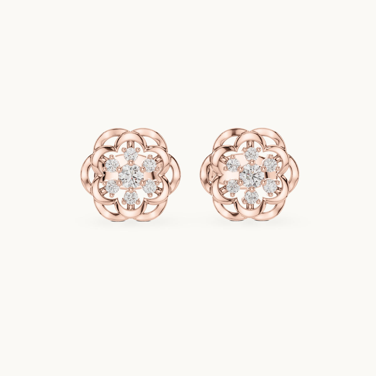 Round lab-grown diamond openwork flower stud earrings in rose gold, 0.17 CT TW, view 4