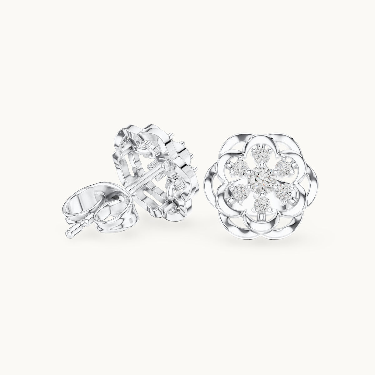 Round lab-grown diamond openwork flower stud earrings in white gold, 0.17 CT TW, view 1
