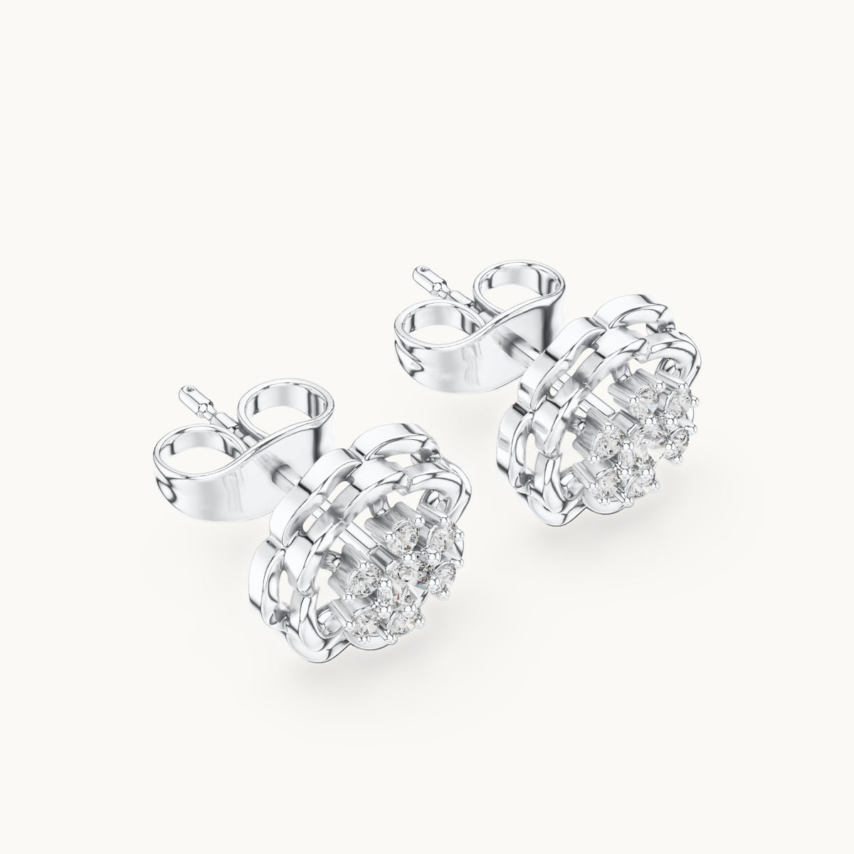 Round lab-grown diamond openwork flower stud earrings in white gold, 0.17 CT TW, view 2