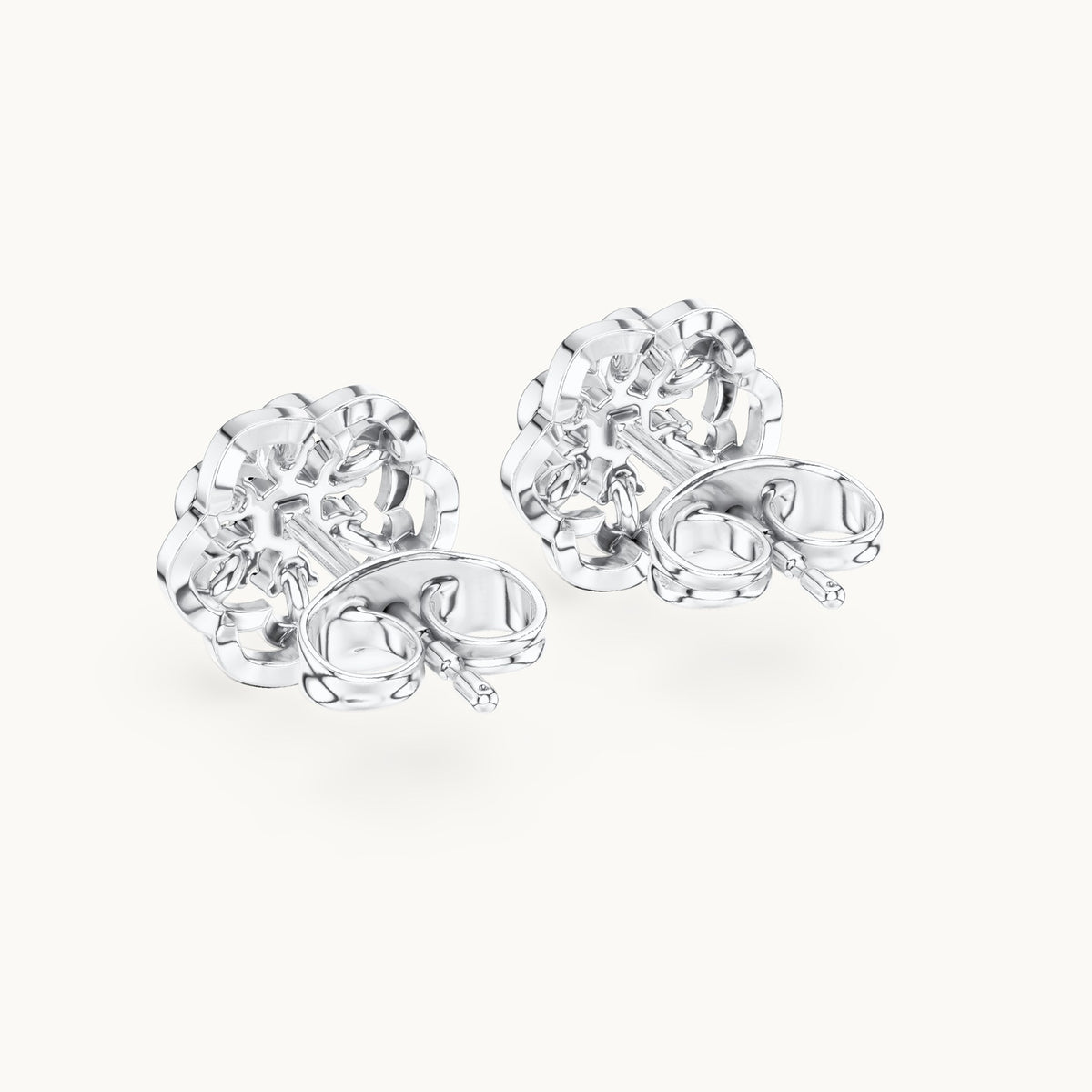 Round lab-grown diamond openwork flower stud earrings in white gold, 0.17 CT TW, view 3